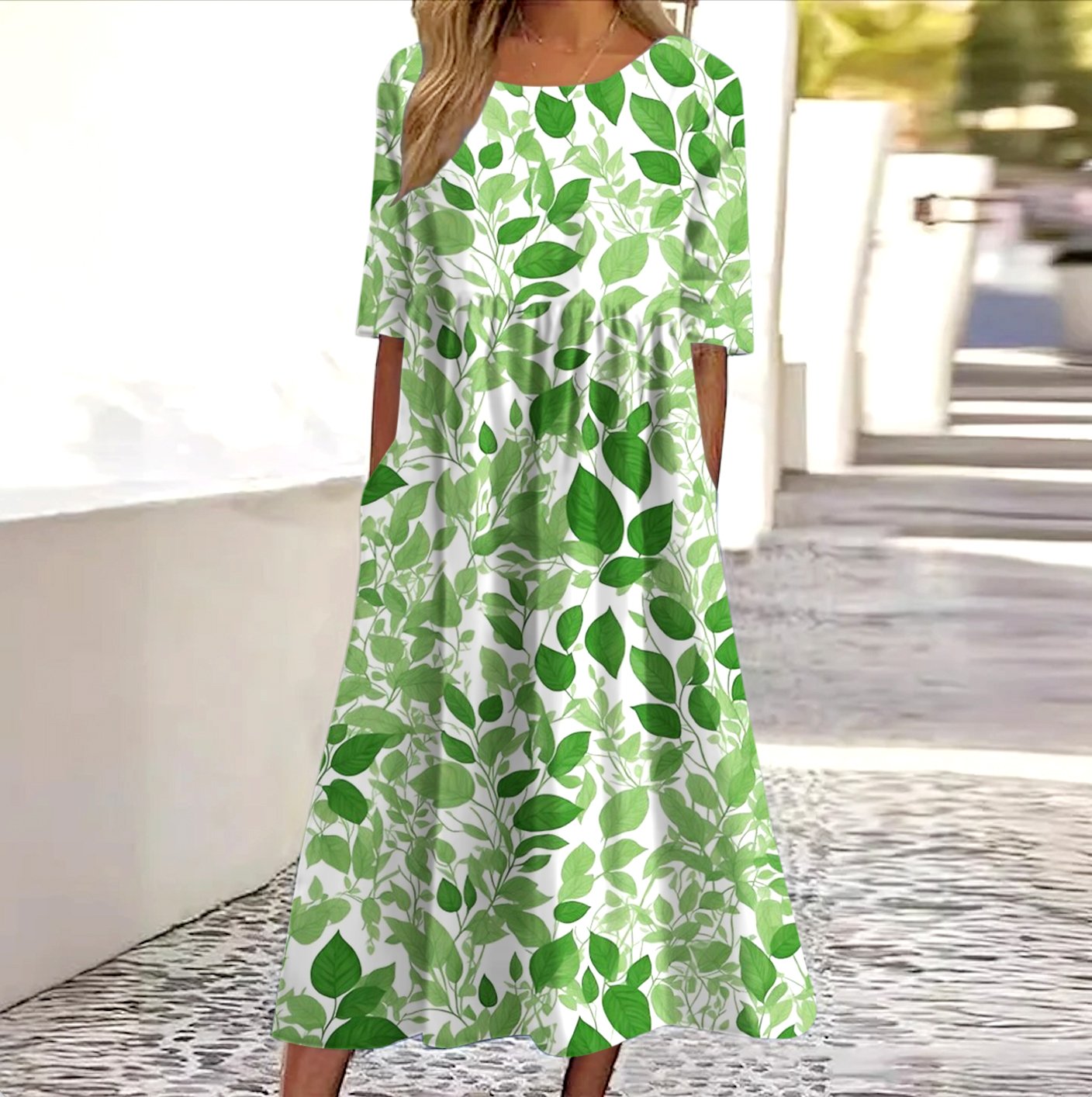 Casual Cotton Crew Neck Dress With No