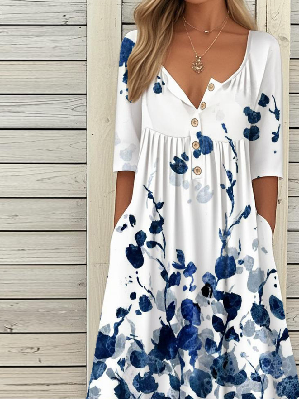 Vintage Half Open Collar Loose Dress With No