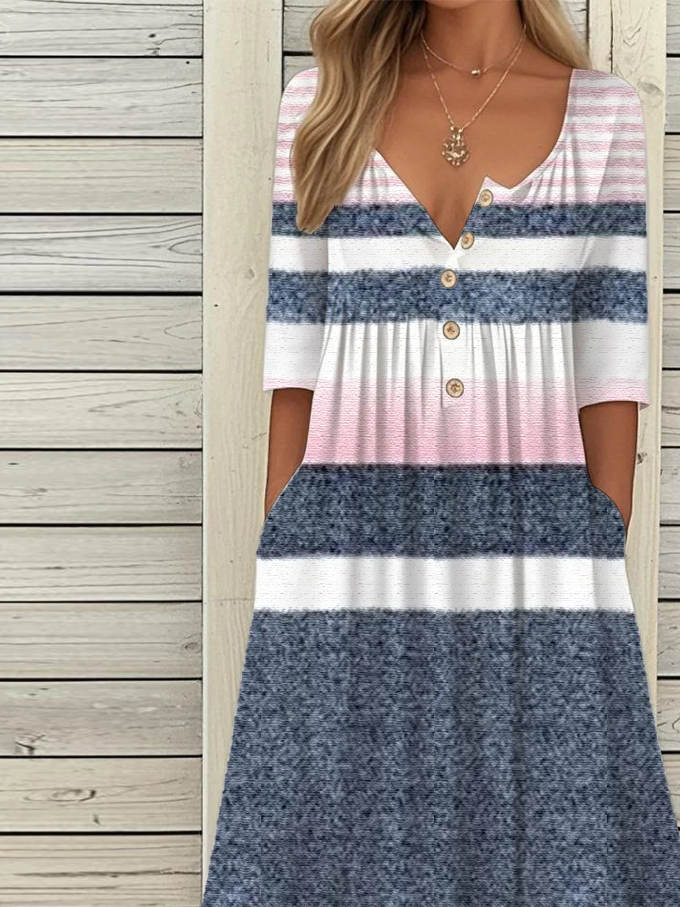 Holiday Half Button Pocket Hem Long Dress