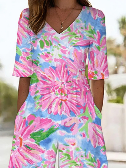 Women's H-Line V Neck Daily Going Out Casual Printing Floral Summer Ankle Pants Jumpsuit Romper