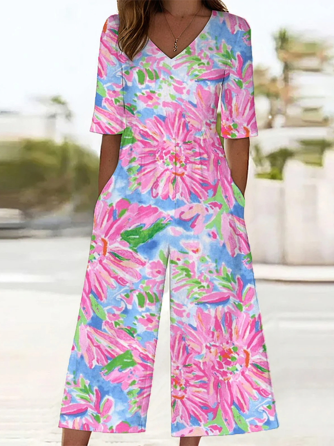 Women's H-Line V Neck Daily Going Out Casual Printing Floral Summer Ankle Pants Jumpsuit Romper