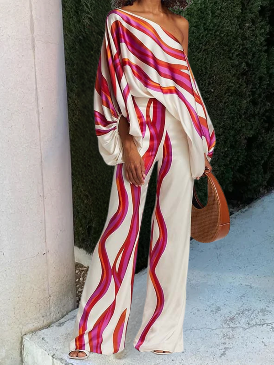 Women's Printing Abstract Stripes Daily Going Out Two-Piece Set Rose Red Casual Summer Top With Pants Matching Set