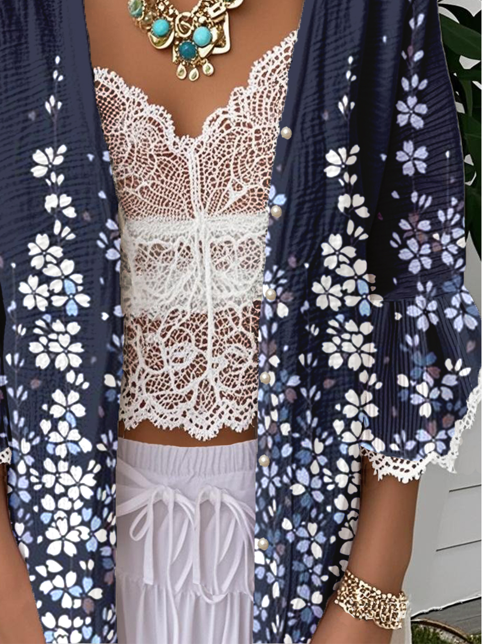 Casual 3/4 Sleeve Cotton Floral Cape Jacket