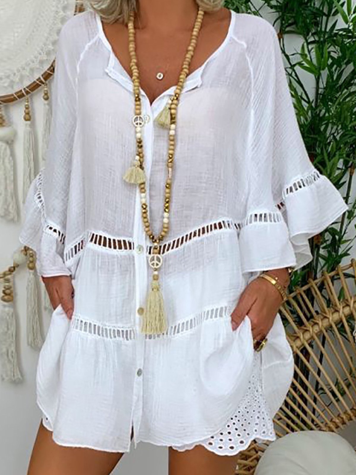 Casual Plain Half Open Collar Blouse