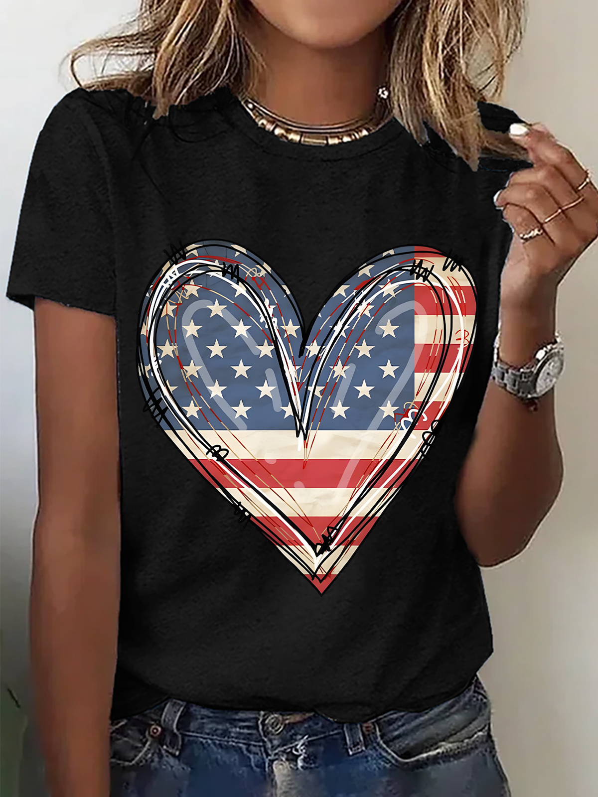 American Flag Heart Cotton T-Shirt