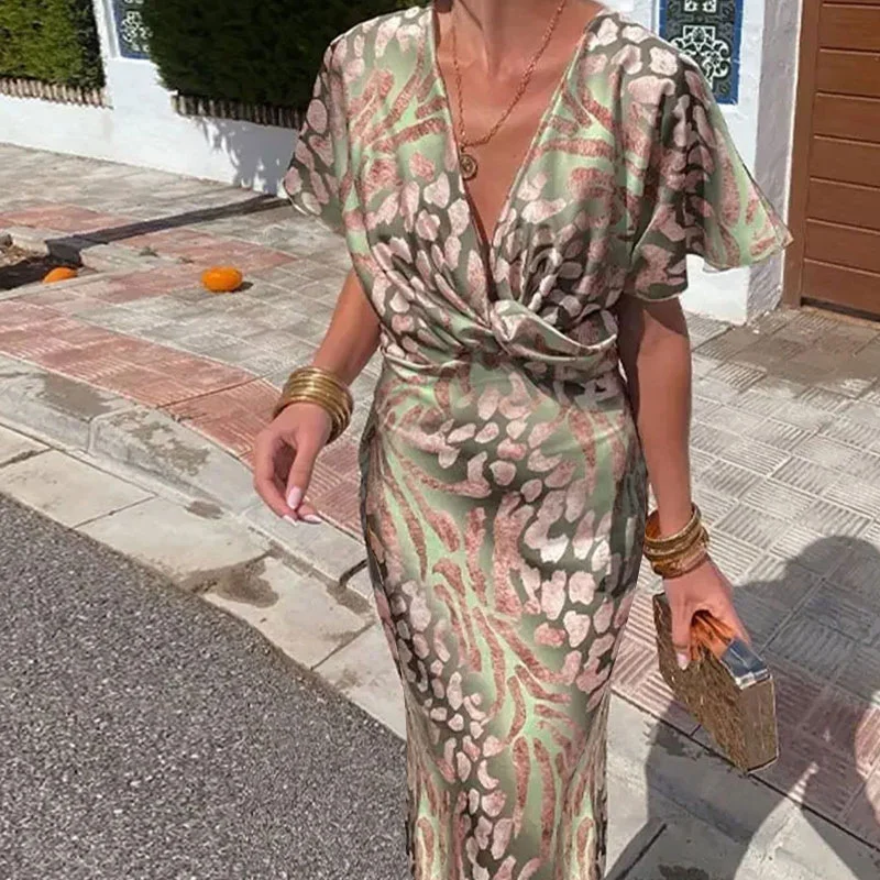 Women's Short Sleeve Summer Green Zebra Split Joint V Neck Daily Going Out Casual Maxi A-Line Hip Skirt Dress
