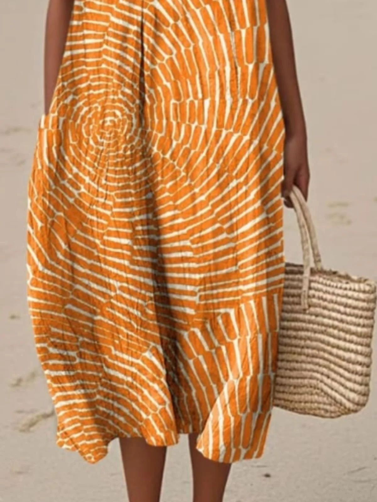 Geometric Crew Neck Cotton Simple Dress With No