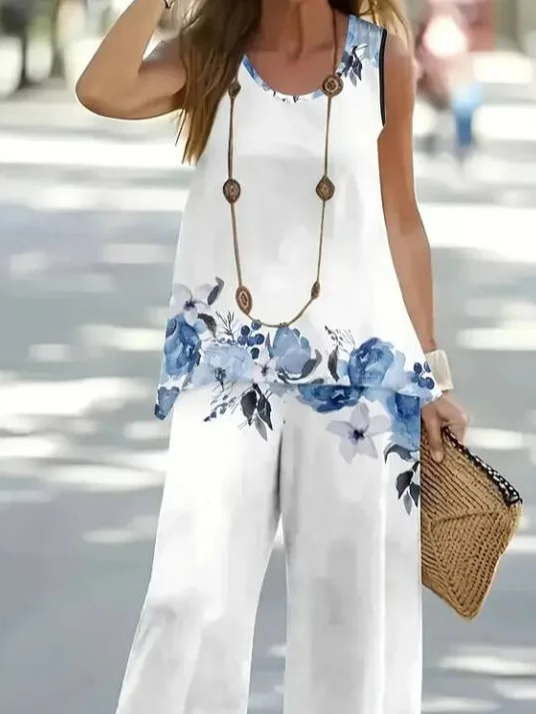Women's Floral Print Casual Vest and Pants Two-Piece Set