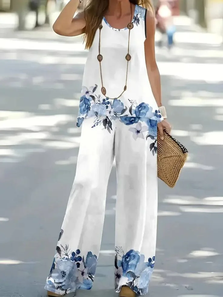 Women's Floral Print Casual Vest and Pants Two-Piece Set
