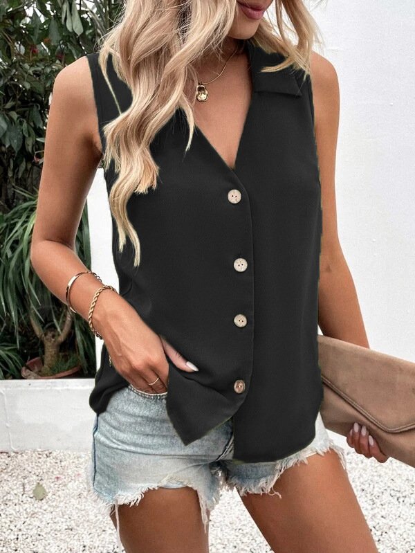 Women's Sleeveless Tank Top Summer White Plain Buckle Stand Collar Daily Going Out Simple Top