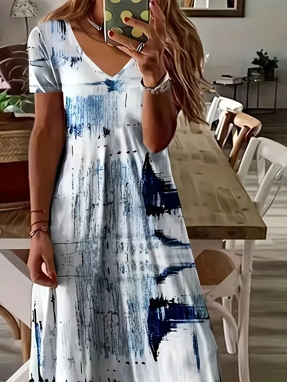 Women's Abstract Print Casual V-Neck Short Sleeve Dress