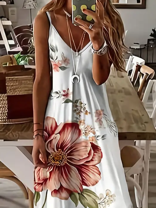 Women's Floral Print Casual V-Neck Suspender Dress