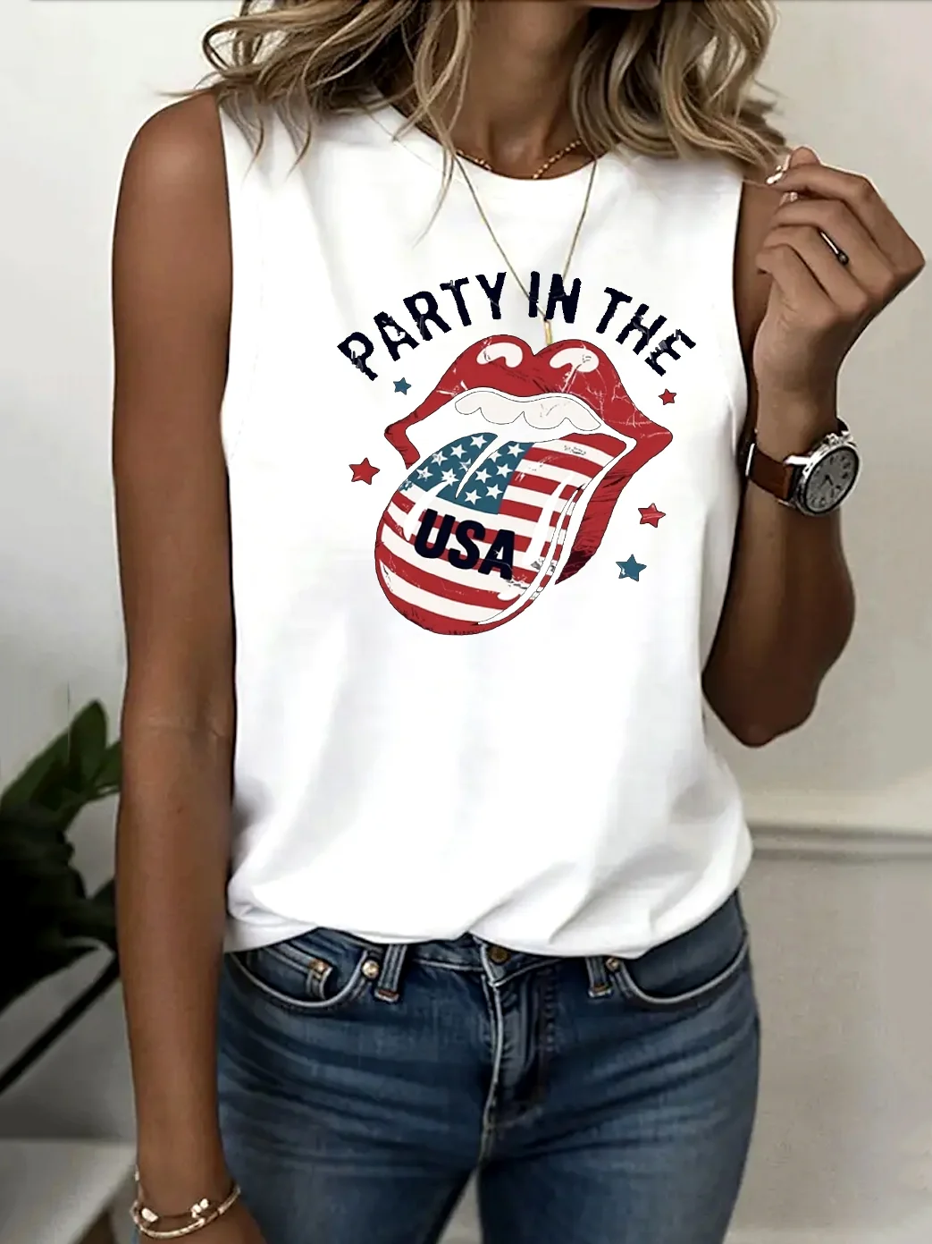 Regular Fit Cotton Casual Geometric Tank Top