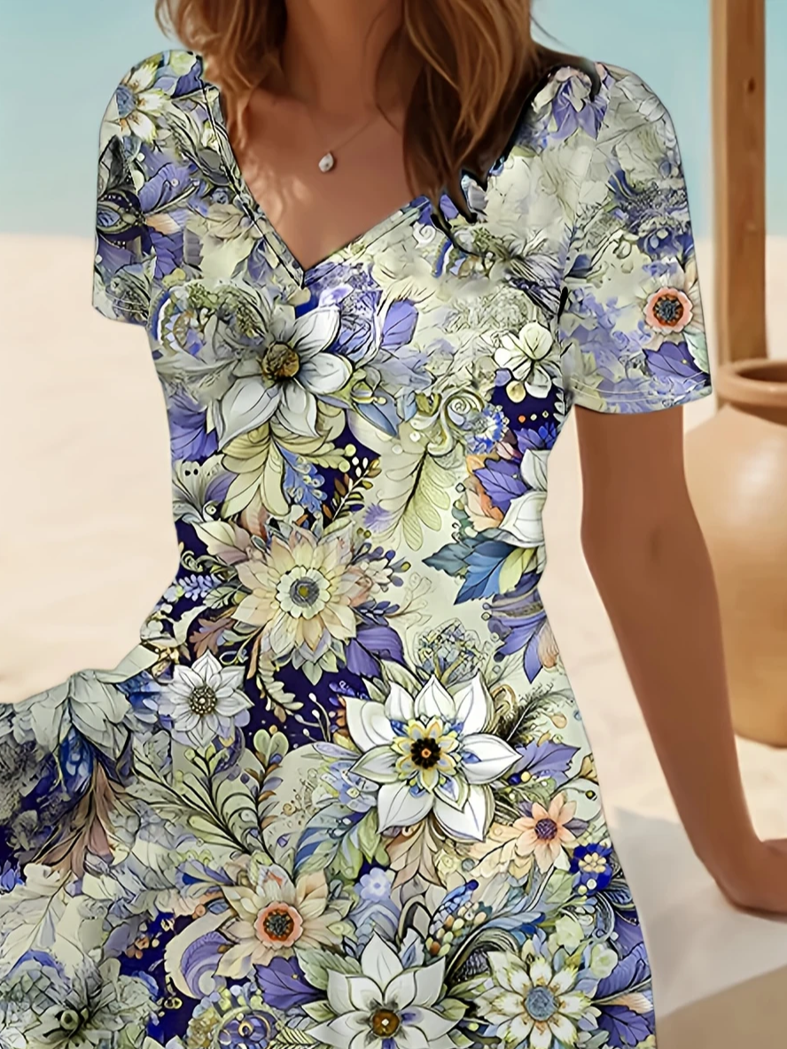 Women's Floral Print Casual V-Neck Short Sleeve Dress