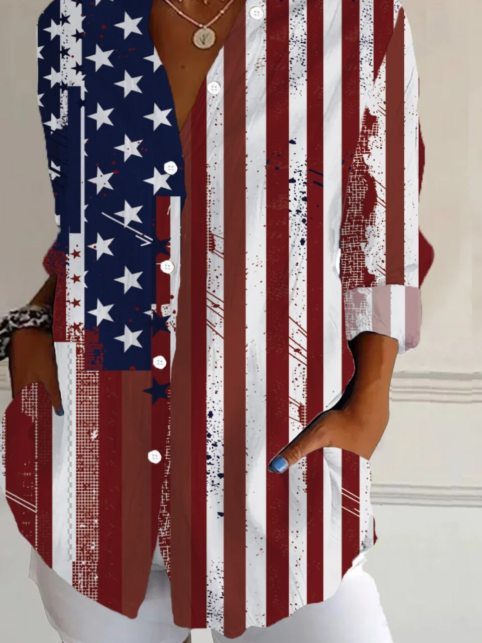 Women's Long Sleeve Shirt Spring/Fall As Picture Independence Day (Flag) Buckle Shirt Collar Daily Going Out Casual Top