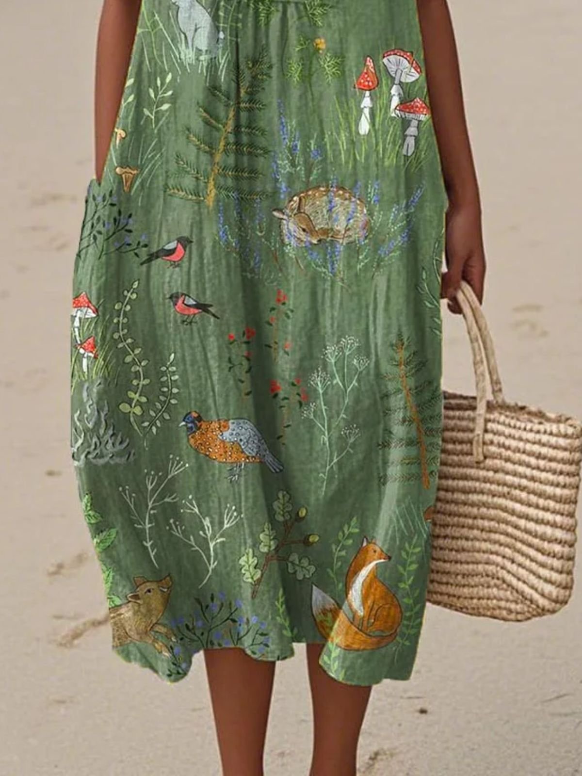 Vacation Cotton Crew Neck Painting Dress With No