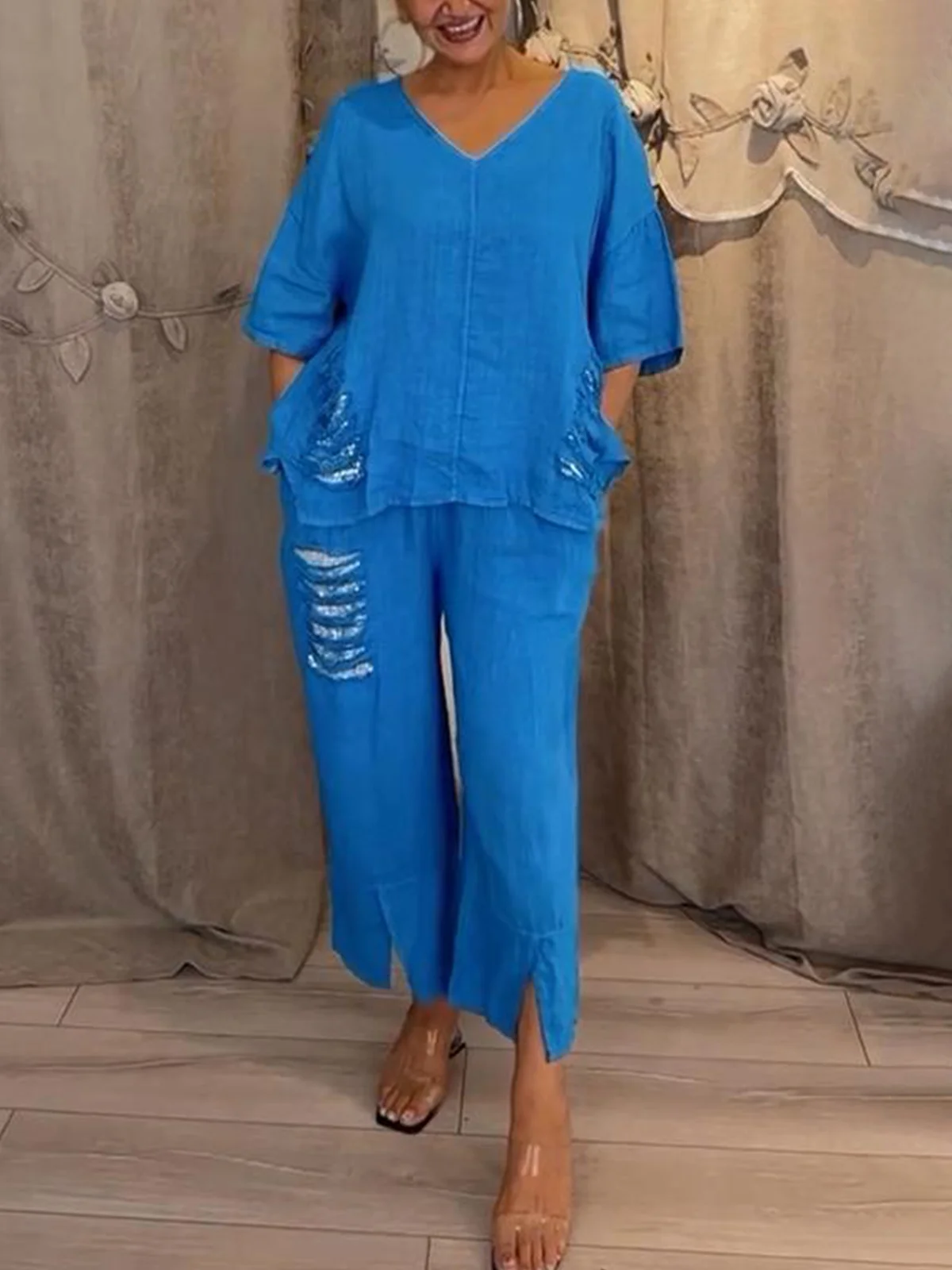 Casual Plain V Neck Two-Piece Set