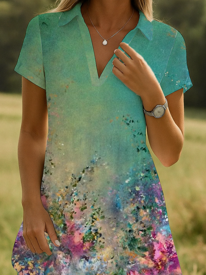 Women's Floral Print Lapel Short Sleeve Dress