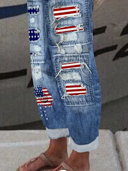 Women's  H-Line Straight Pants Daily Going Out Pants Blue Casual Printing Faux Denim Print Graphic Spring/Fall Pants