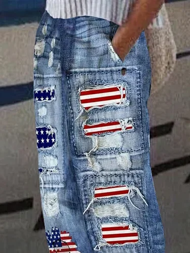 Women's  H-Line Straight Pants Daily Going Out Pants Blue Casual Printing Faux Denim Print Graphic Spring/Fall Pants