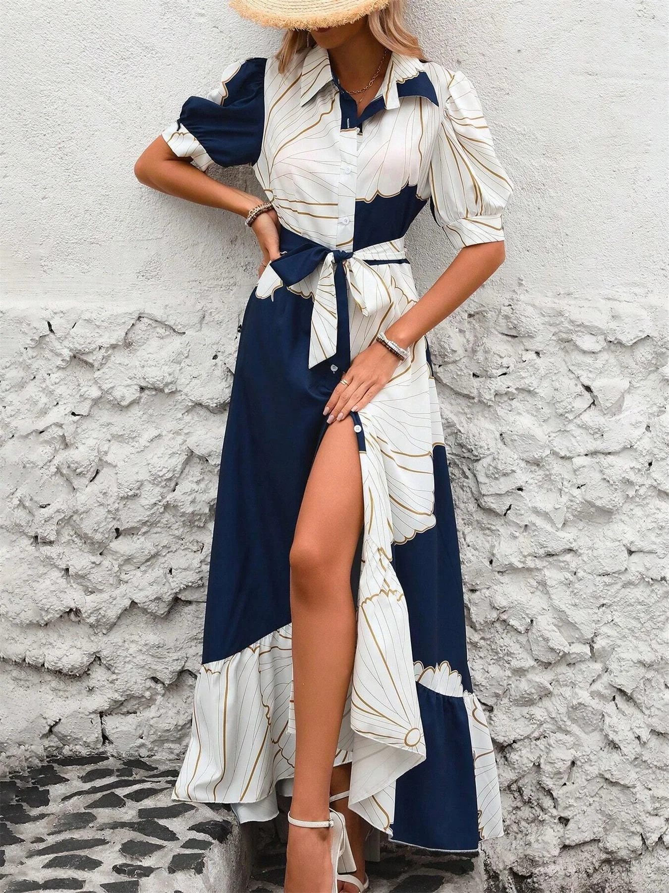 Women's Short Sleeve Summer Navyblue Floral Split Joint V Neck Puff Sleeve Daily Going Out Casual Maxi A-Line Shirt Dress Dress