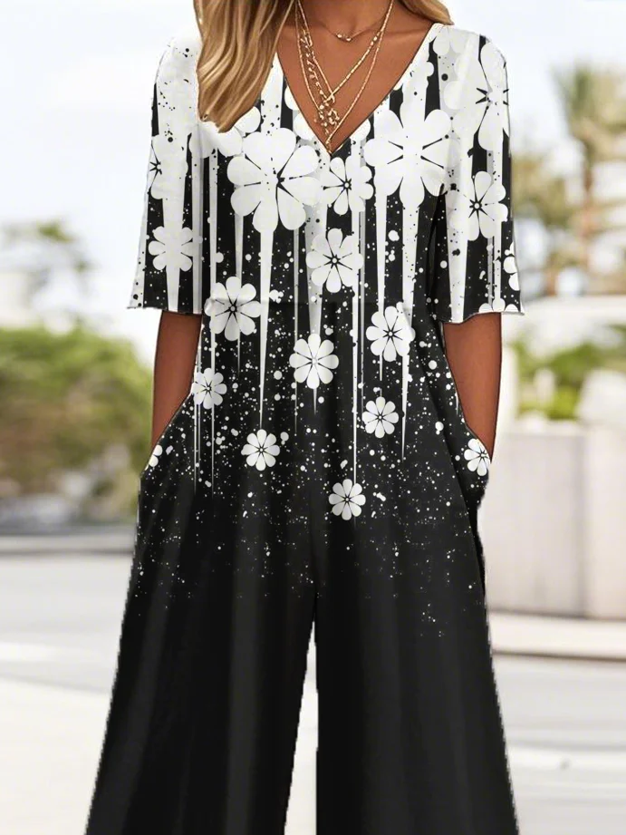 V Neck Casual Loose Gradient Pattern Jumpsuit