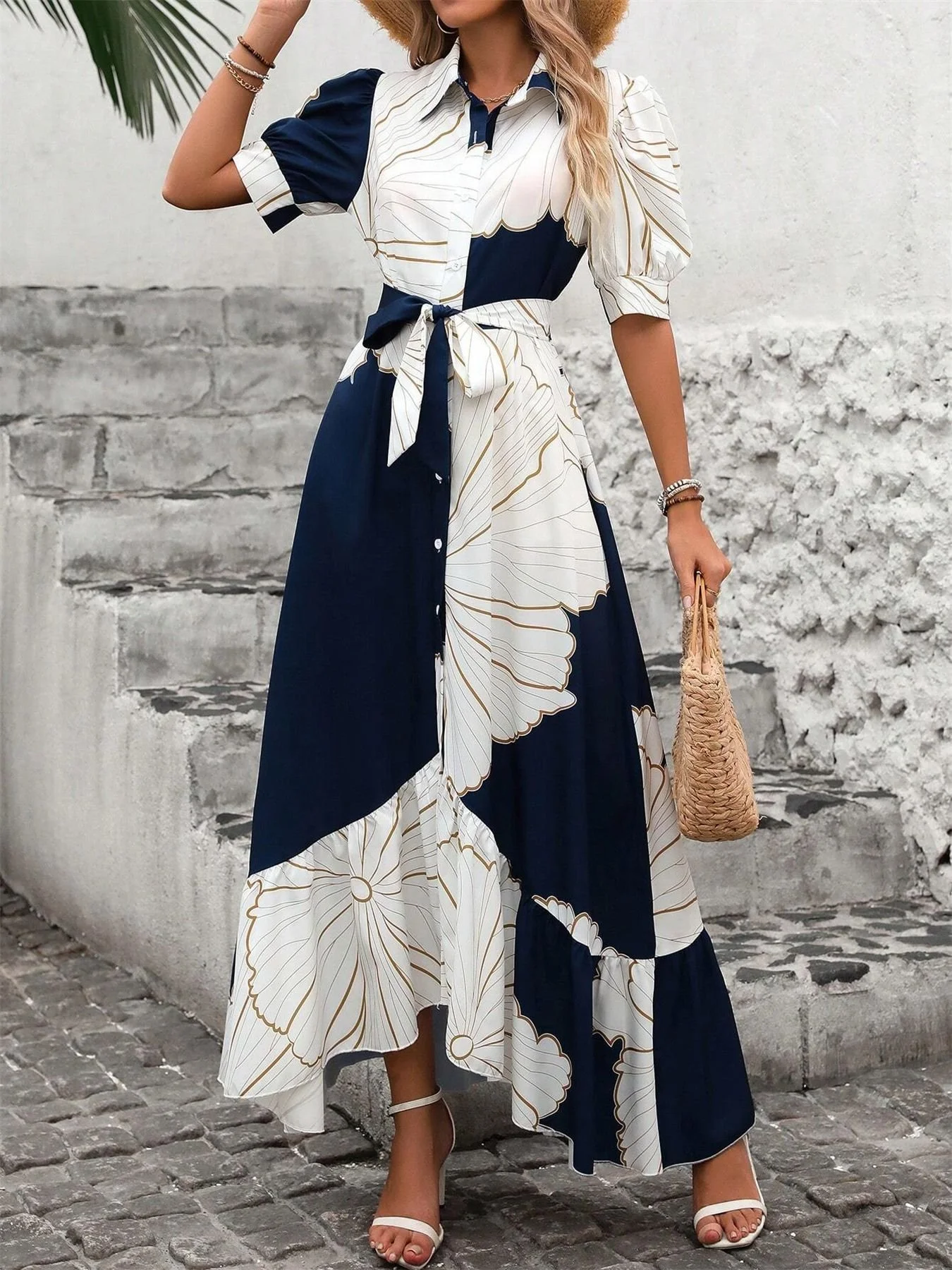 Women's Short Sleeve Summer Navyblue Floral Split Joint V Neck Puff Sleeve Daily Going Out Casual Maxi A-Line Shirt Dress Dress