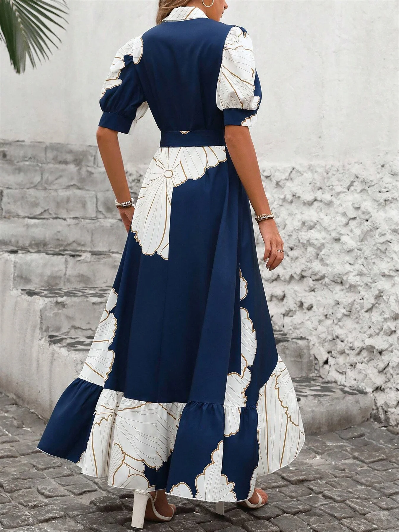 Women's Short Sleeve Summer Navyblue Floral Split Joint V Neck Puff Sleeve Daily Going Out Casual Maxi A-Line Shirt Dress Dress