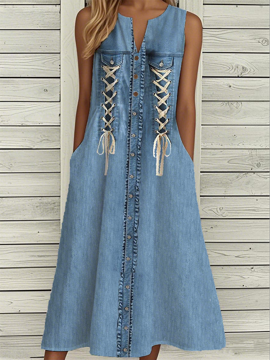 Casual Faux Denim Print Graphic Loose Dress