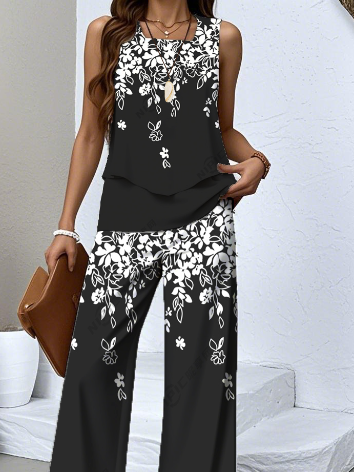 Crew Neck Casual Floral Regular Fit Two-Piece Set
