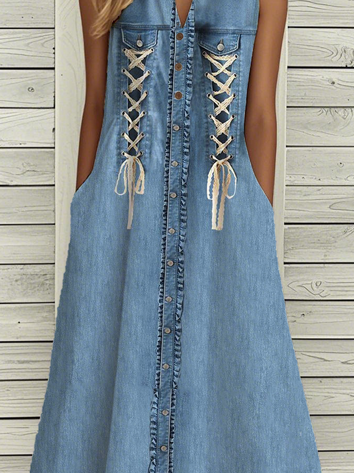 Casual Faux Denim Print Graphic Loose Dress