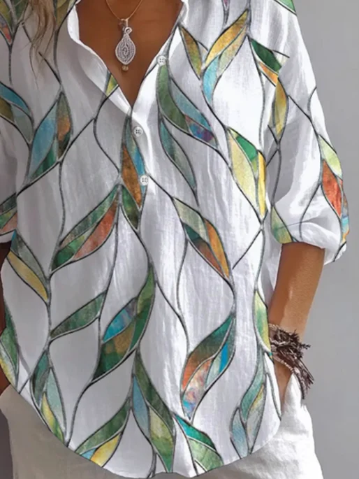 Women's Long Sleeve Shirt Spring/Fall White Floral Printing Shirt Collar Daily Going Out Casual Top