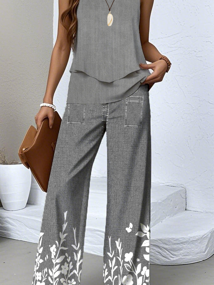 Crew Neck Floral Casual Regular Fit Two-Piece Set