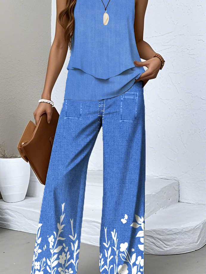 Crew Neck Floral Casual Regular Fit Two-Piece Set