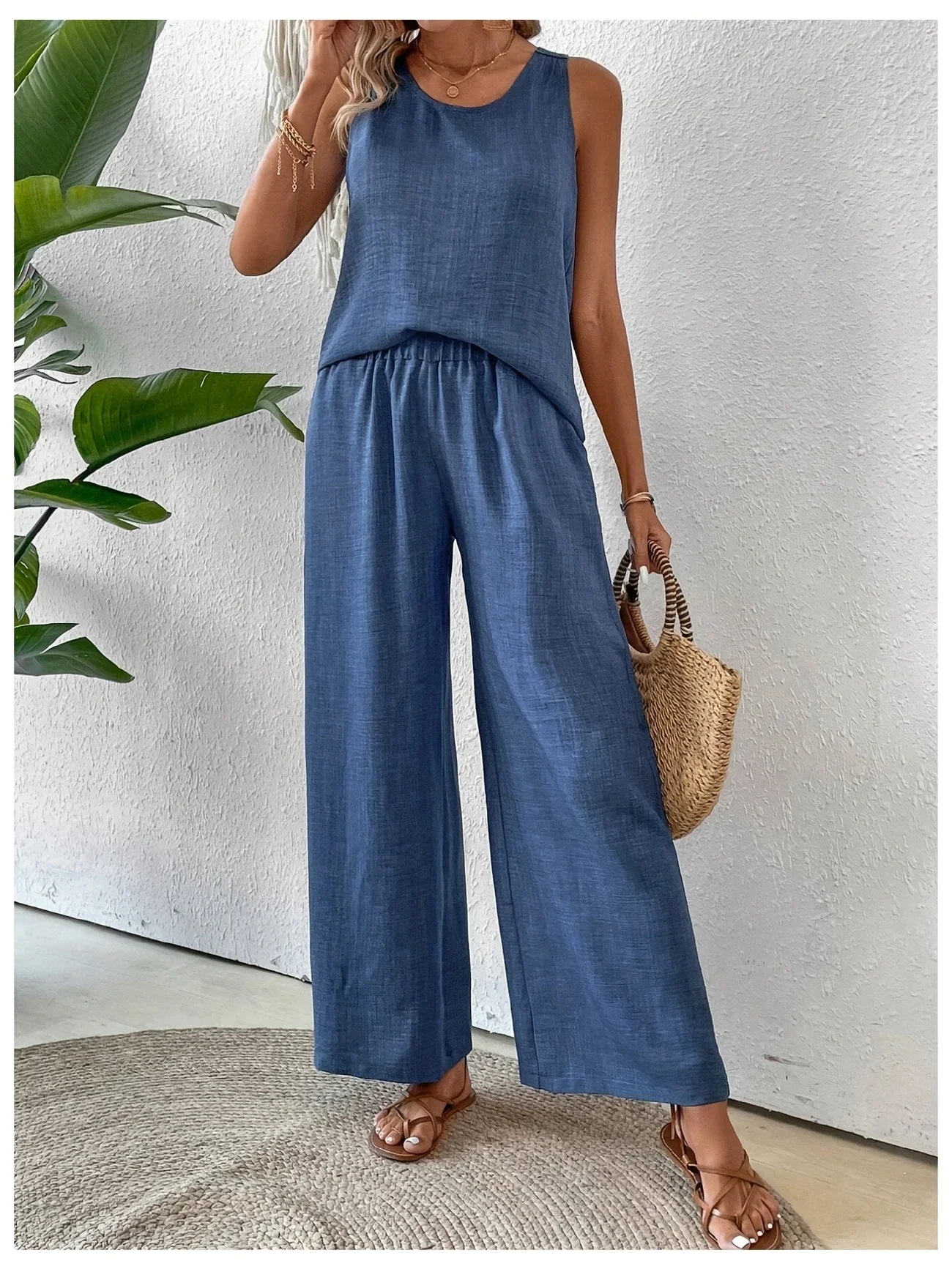Vintage U-Neck Plain Loose Two-Piece Set