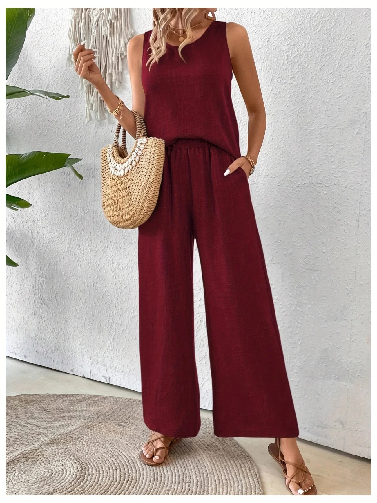 Vintage U-Neck Plain Loose Two-Piece Set