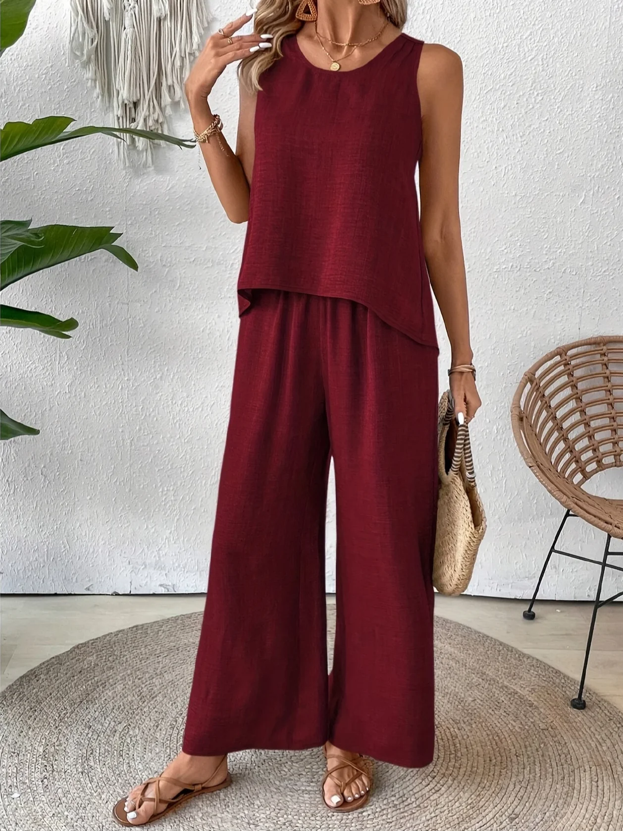 Vintage U-Neck Plain Loose Two-Piece Set