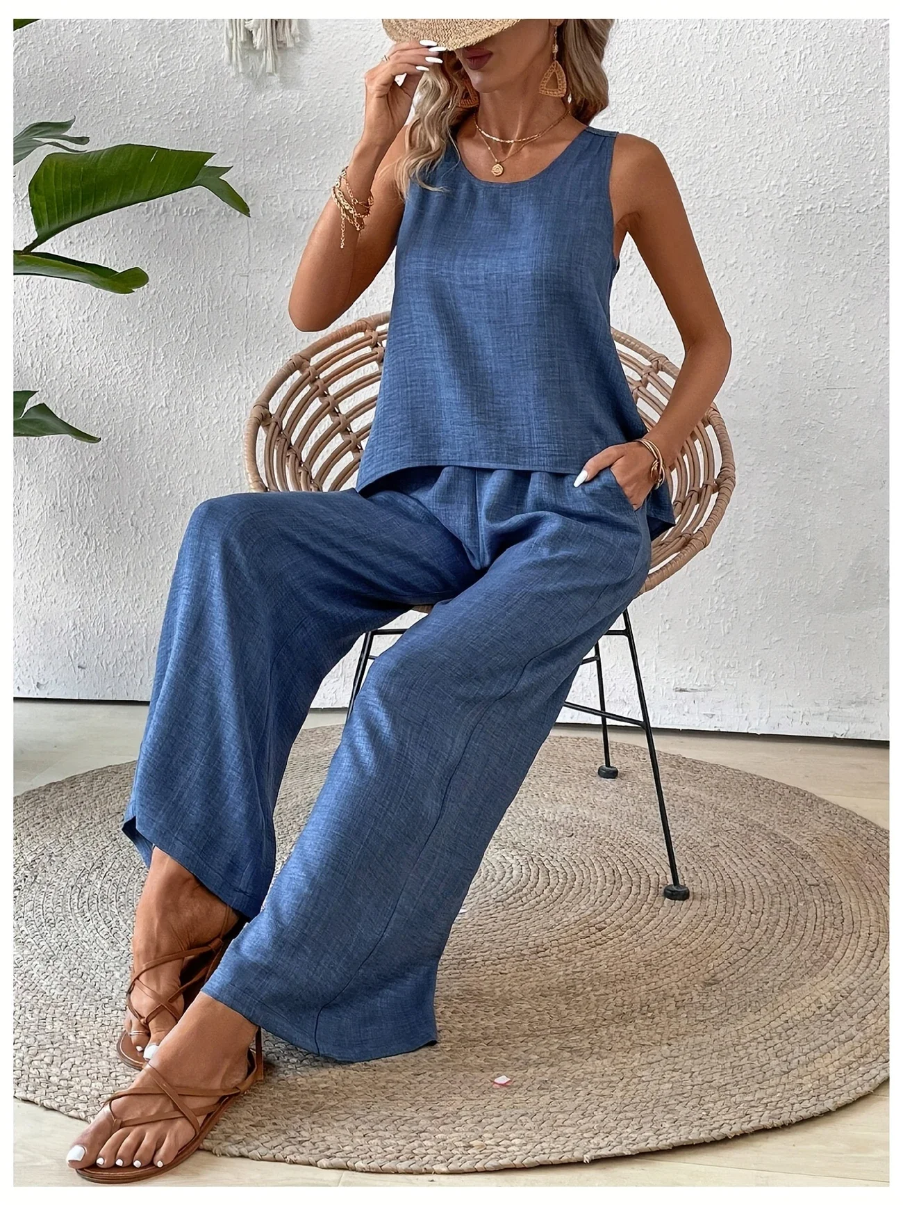 Vintage U-Neck Plain Loose Two-Piece Set