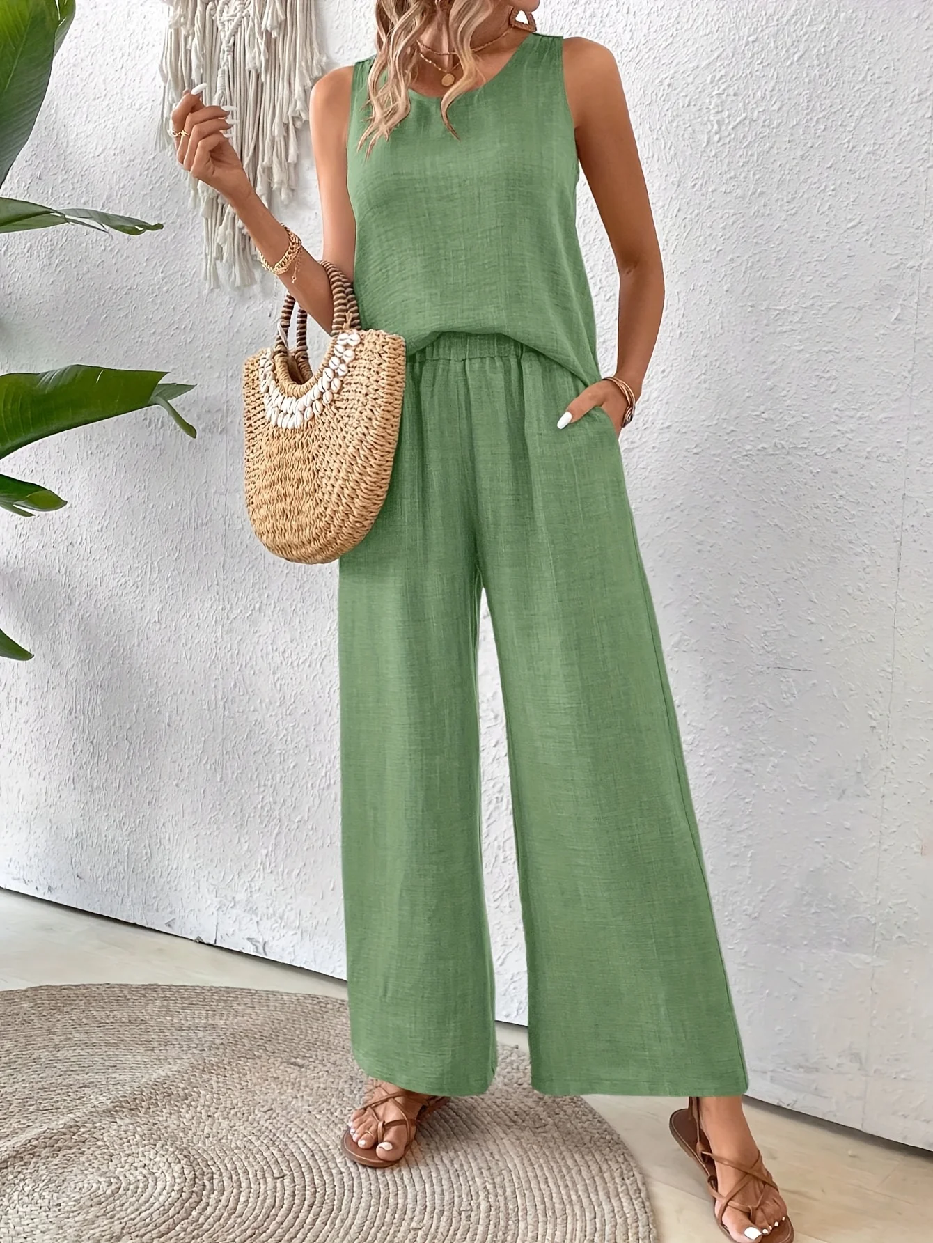 Vintage U-Neck Plain Loose Two-Piece Set