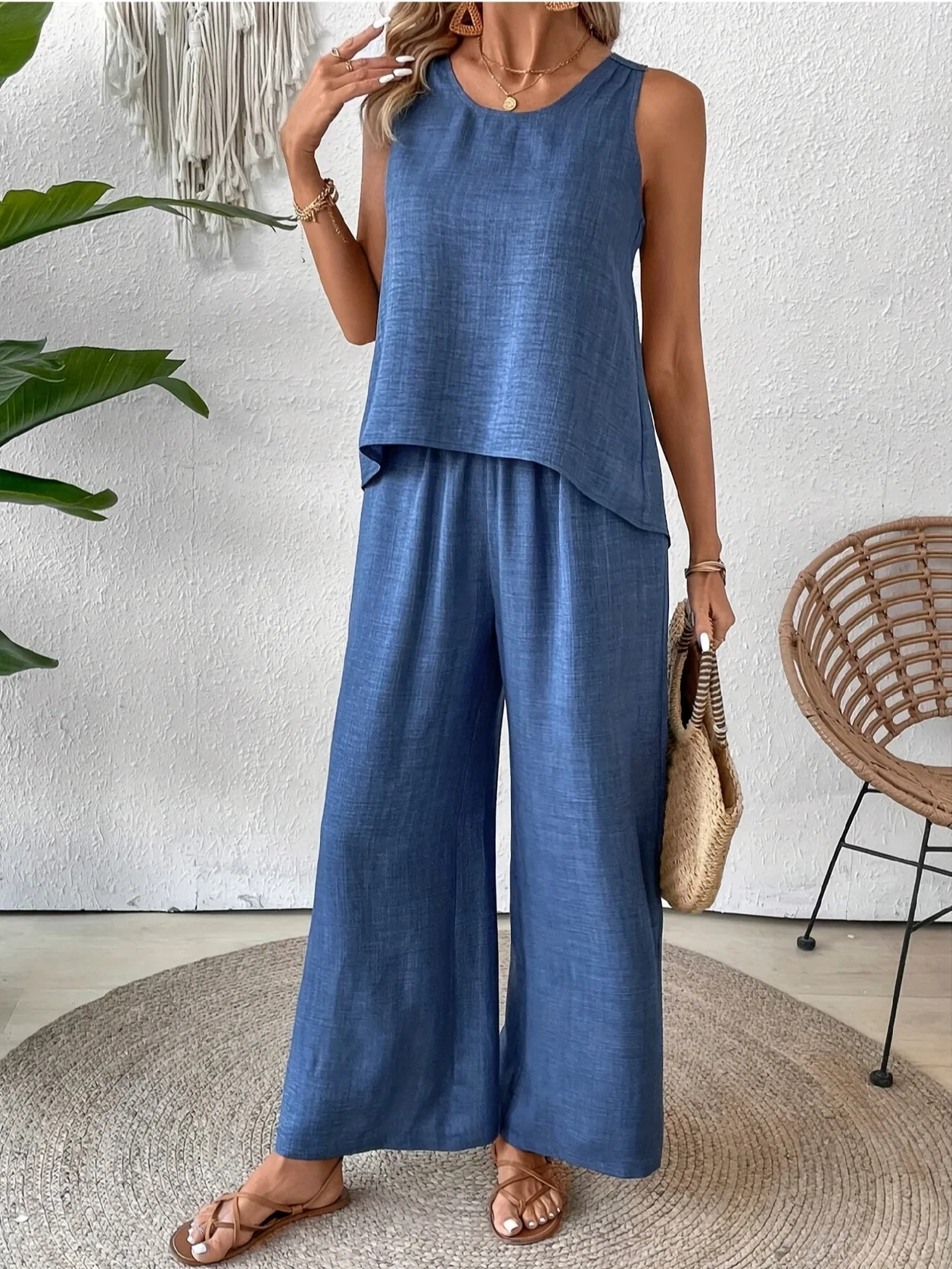 Vintage U-Neck Plain Loose Two-Piece Set