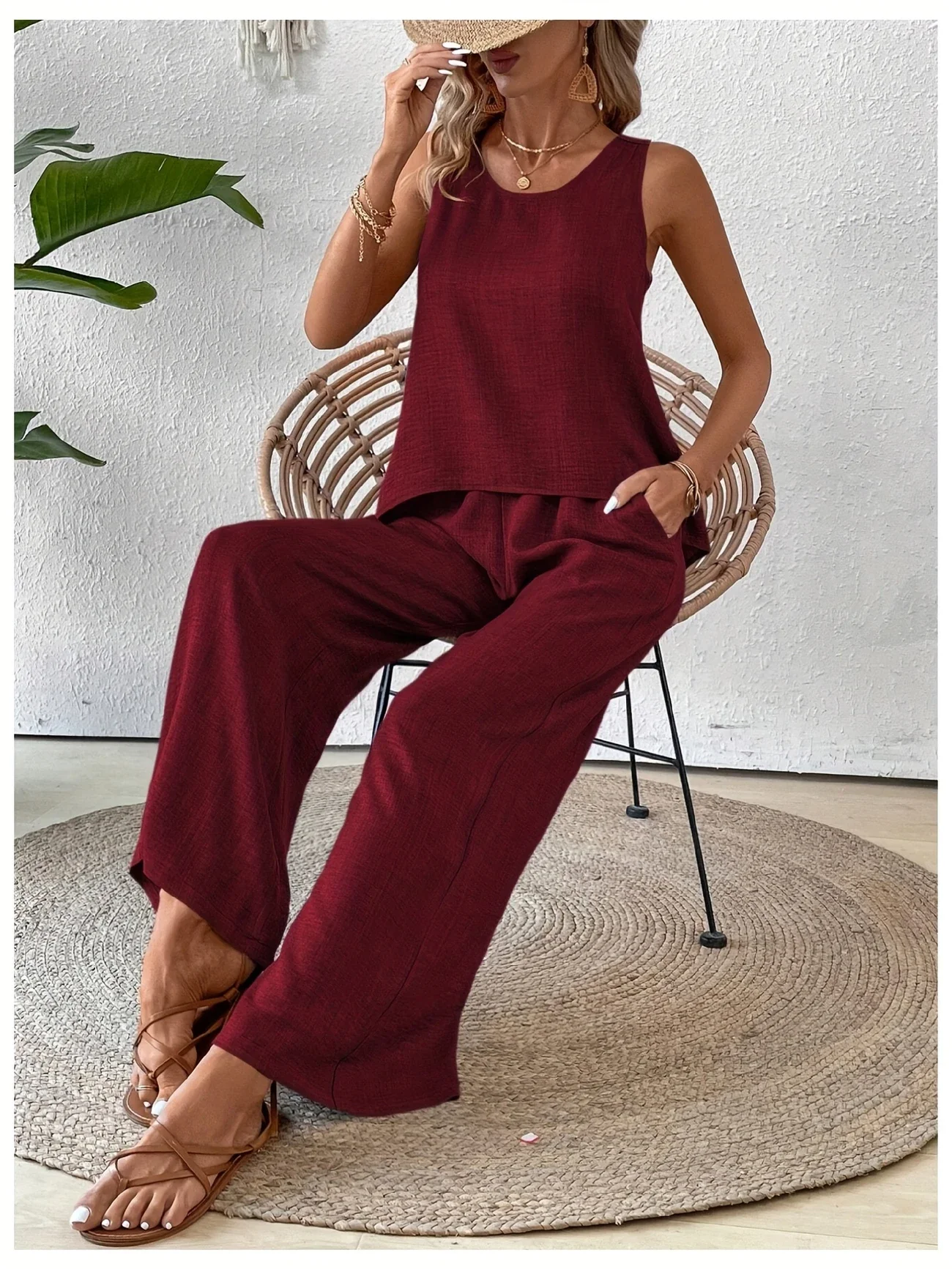 Vintage U-Neck Plain Loose Two-Piece Set