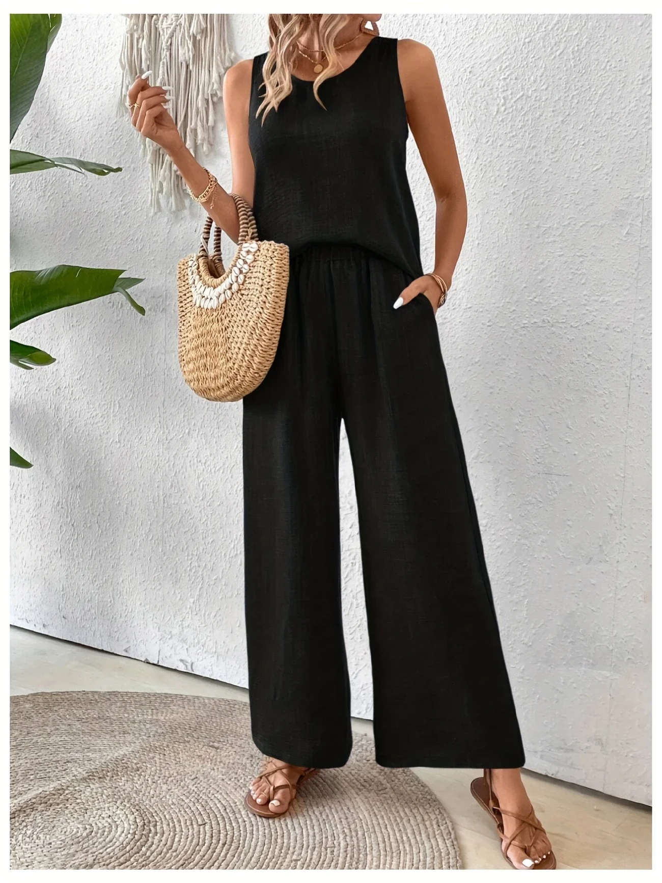 Vintage U-Neck Plain Loose Two-Piece Set