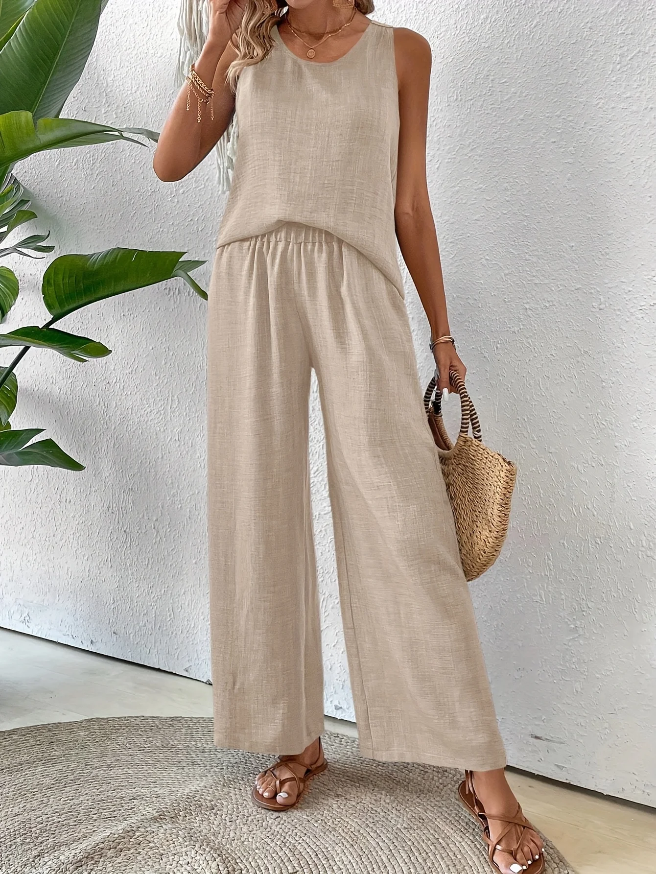 Vintage U-Neck Plain Loose Two-Piece Set