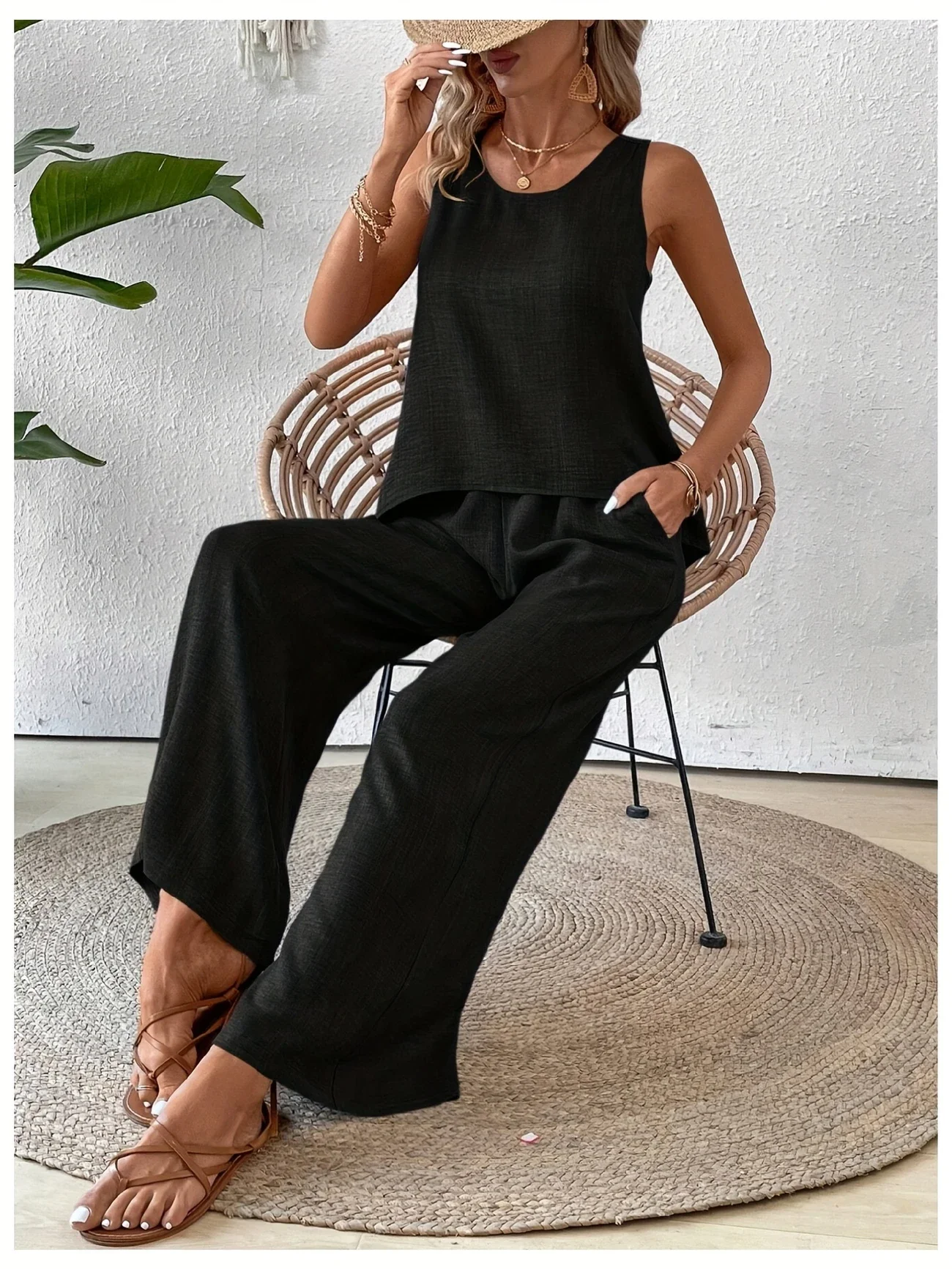 Vintage U-Neck Plain Loose Two-Piece Set