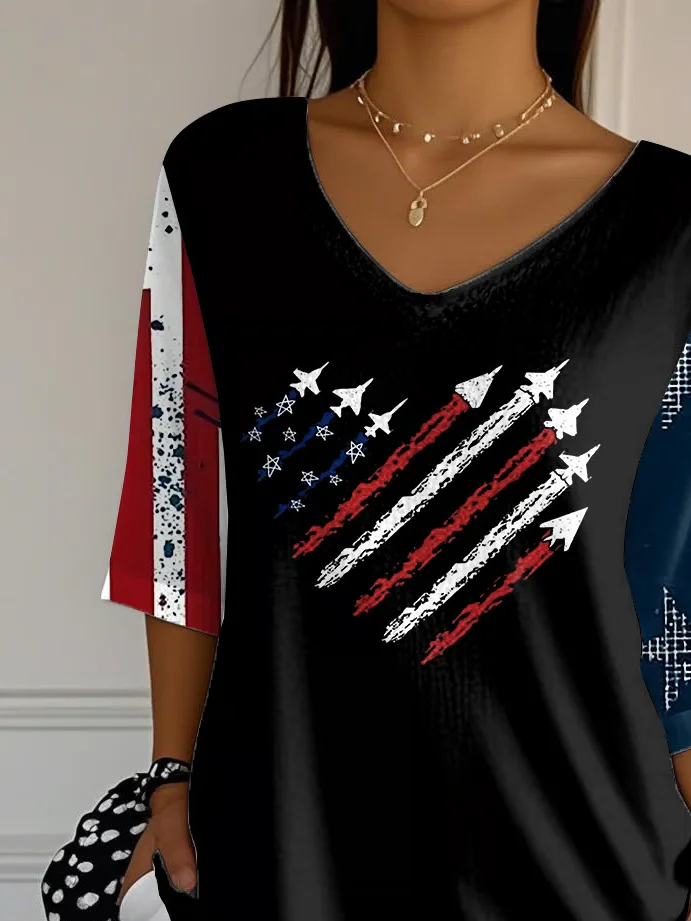 Women's Independence Day Printed V-Neck T-Shirt