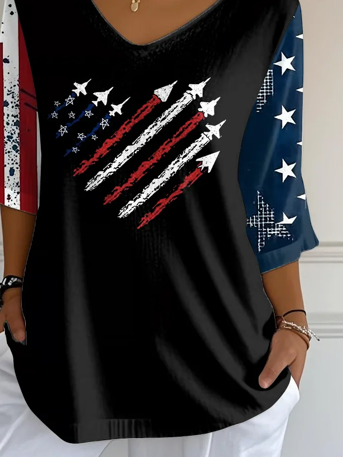 Women's Independence Day Printed V-Neck T-Shirt