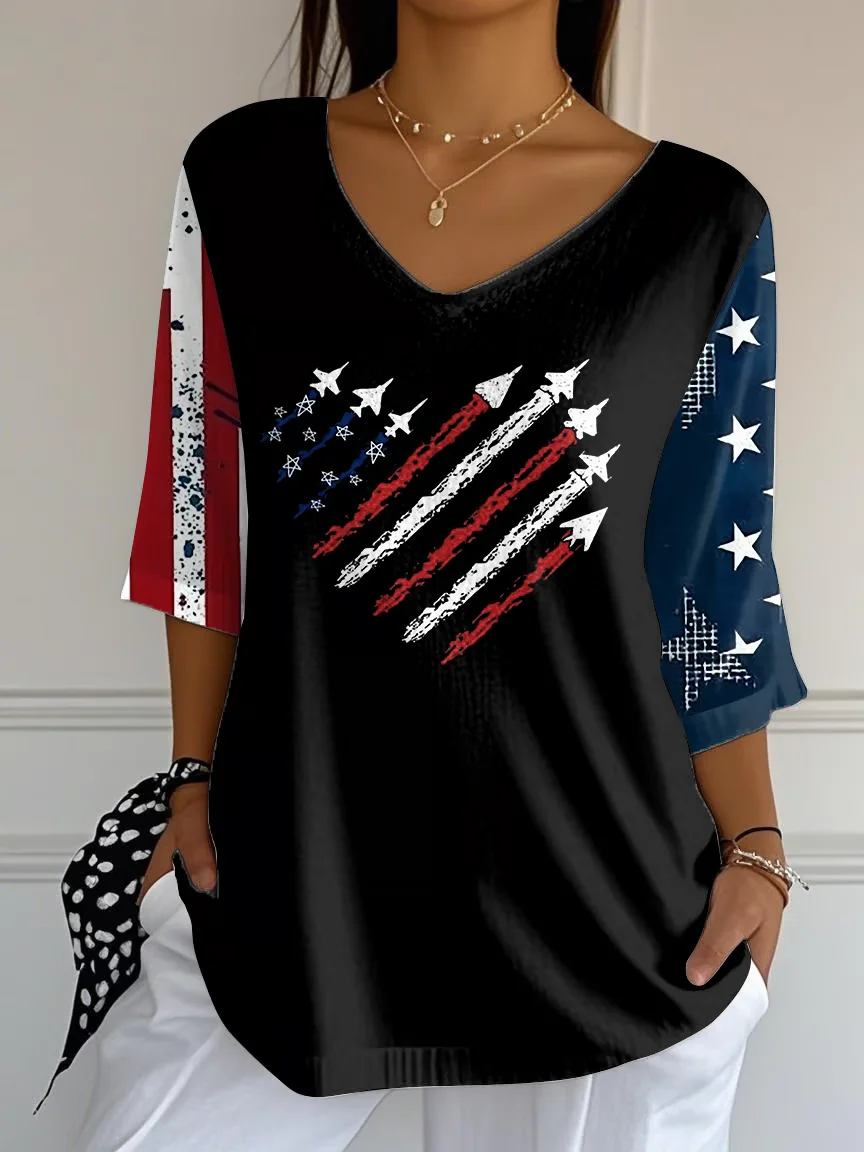 Women's Independence Day Printed V-Neck T-Shirt