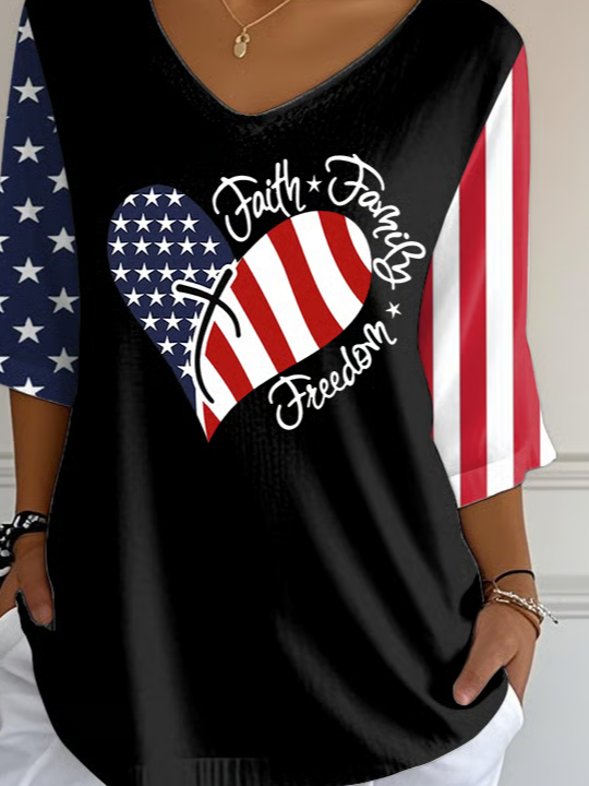 Women's Independence Day Printed V-Neck T-Shirt