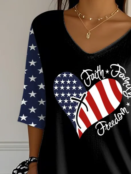 Women's Independence Day Printed V-Neck T-Shirt