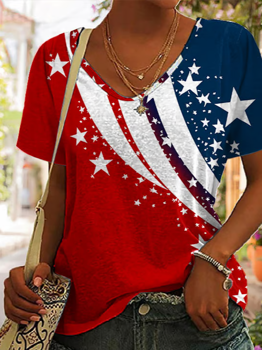 Women's Short Sleeve T-shirt Summer Red Independence Day (Flag) Printing V Neck Daily Going Out Casual Top
